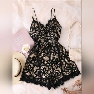 SHEIN Black Lace Overlay Romper Sz XL